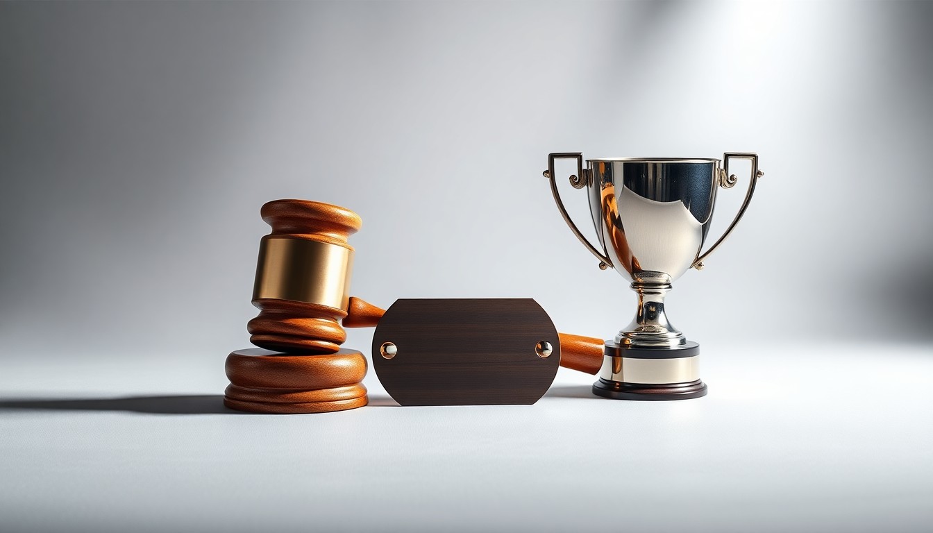 A photorealistic studio still life featuring a collection of polished, geometric objects representing the livestock industry, such as a gleaming metal livestock tag, a smooth wooden gavel, and a shiny metal trophy, arranged elegantly on a clean, monochromatic background to symbolize the strategy, finance, and prestige of hosting major livestock events.