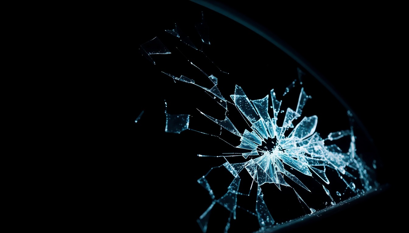 An extreme close-up photograph of shattered glass reflecting a harsh, direct camera flash, conceptually representing the violence and aftermath of a crime.