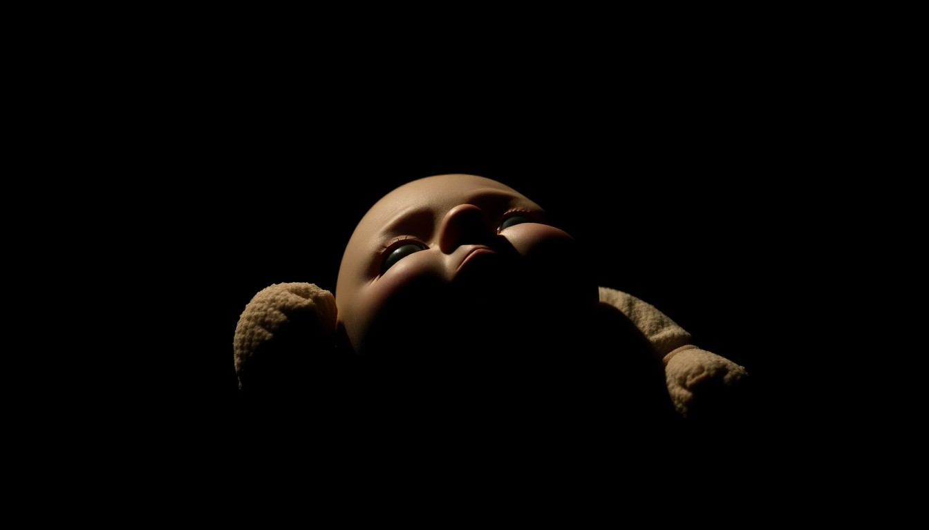 An extreme close-up photograph of a broken child's toy, such as a doll or stuffed animal, lit by a harsh, direct camera flash against a pitch-black background, conceptually representing the disturbing nature of the alleged crimes.