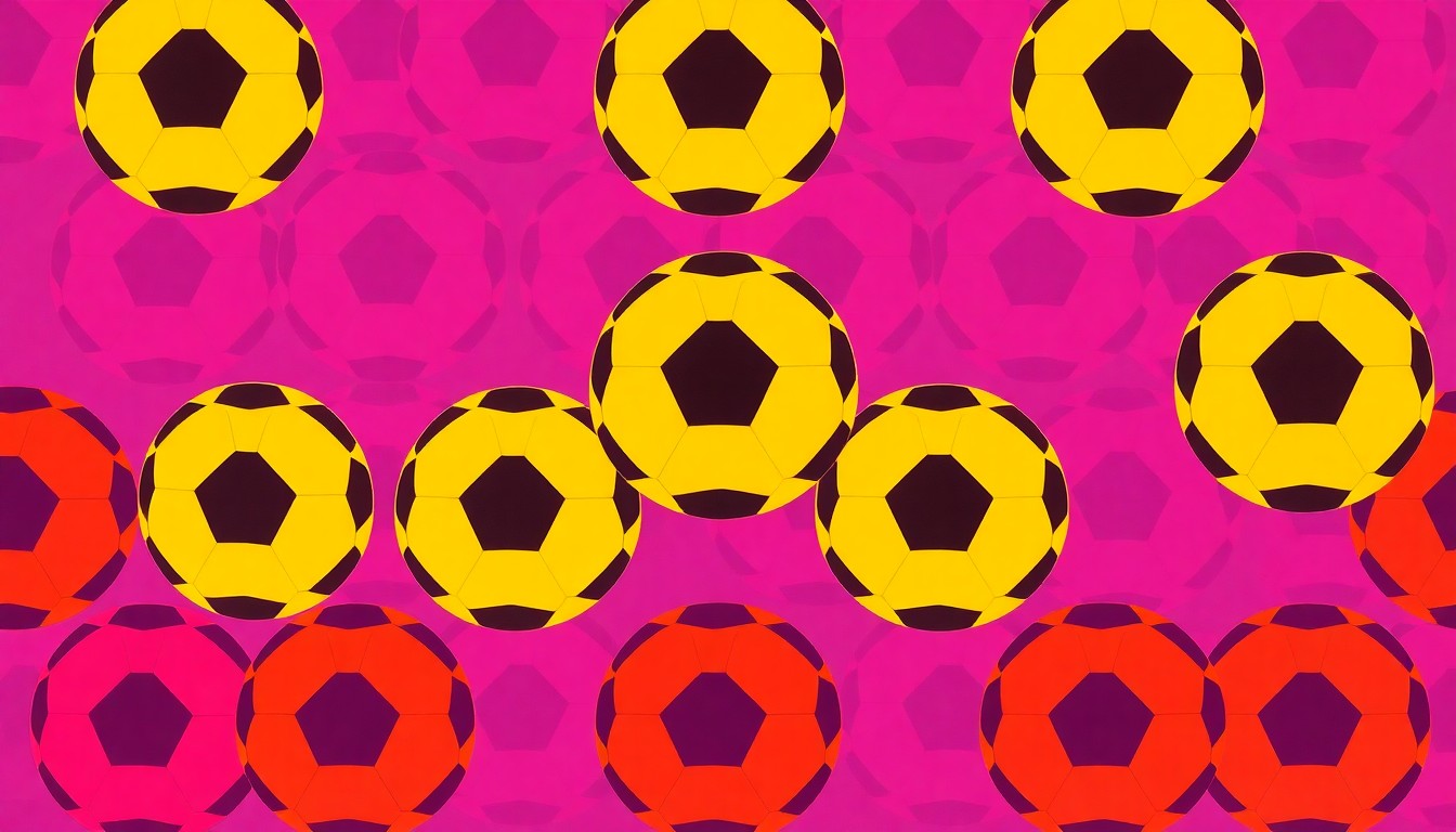 A bold, abstract silkscreen print featuring a repeating pattern of a soccer ball in bright neon colors, conceptually representing the vibrant energy and community spirit behind the donation of new sports facilities.