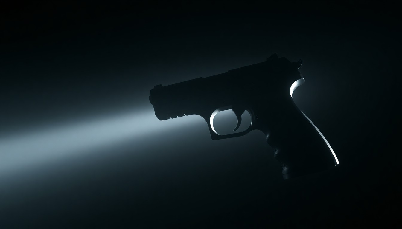 An extreme close-up photograph of a handgun on a dark background, lit by a harsh, direct camera flash, conceptually representing the weapon involved in the deputy-involved shooting.