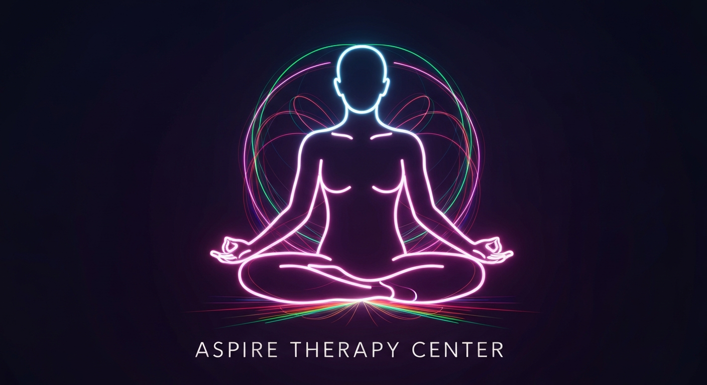 A glowing neon outline of a person in a meditative pose, surrounded by pulsing lines of vibrant color, conceptually representing the holistic, wellness-focused approach of the Aspire Therapy Center.