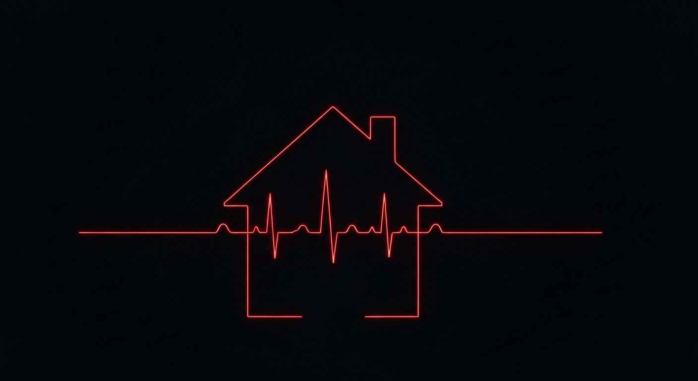 A minimalist neon outline of a simple house shape, with a heartbeat pulsing through the lines, against a dark background, conceptually representing the intersection of housing and public health.