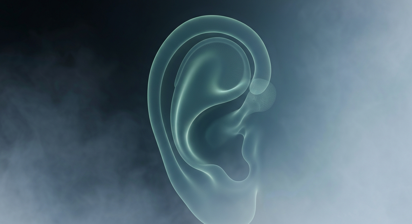 A detailed, ghostly X-ray image of the human ear, revealing the complex inner structures in a conceptual illustration about hearing health and accessibility.
