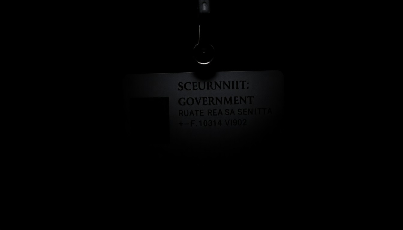 An extreme close-up of a government ID badge or security pass, reflecting a harsh, direct camera flash, conceptually illustrating the investigation into a workplace attack.