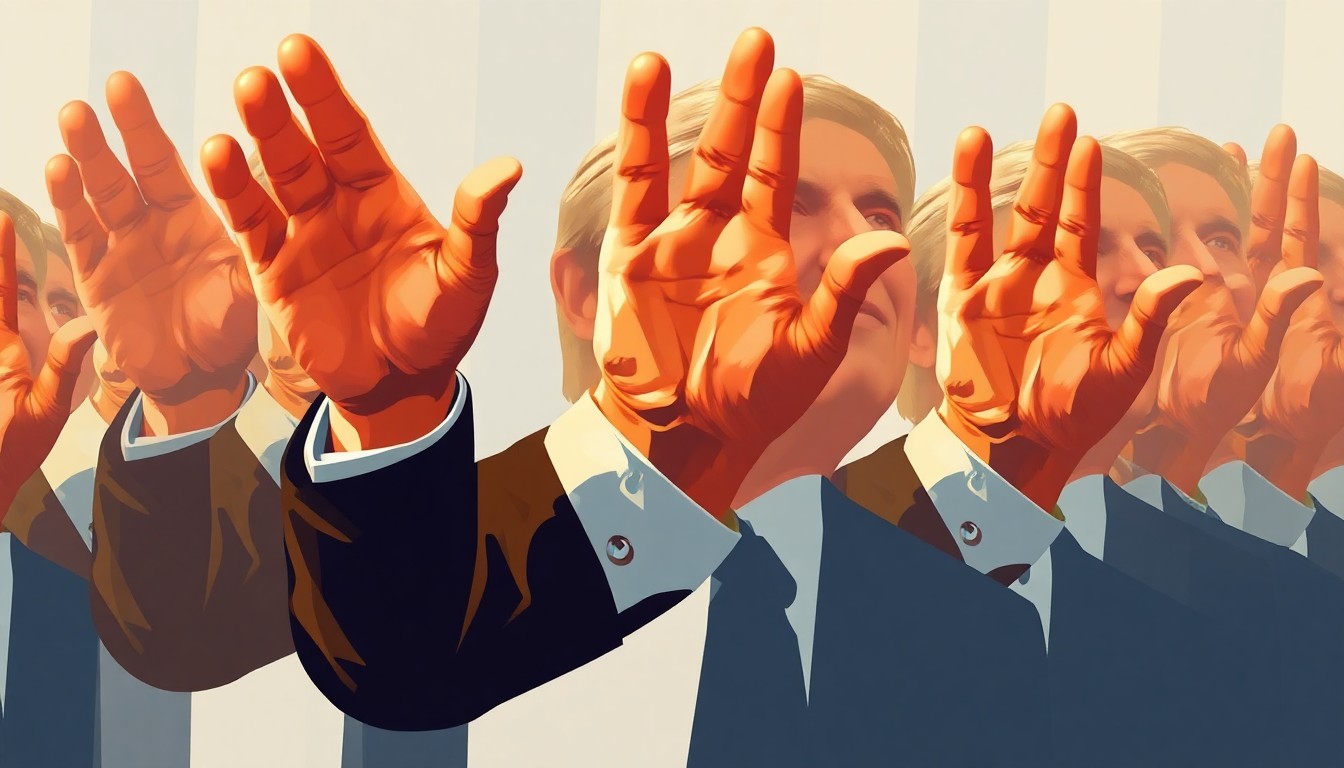 A dynamic, abstract painting featuring overlapping, fractured shapes in warm earth tones and cool blues, conveying a sense of political tension and uncertainty.