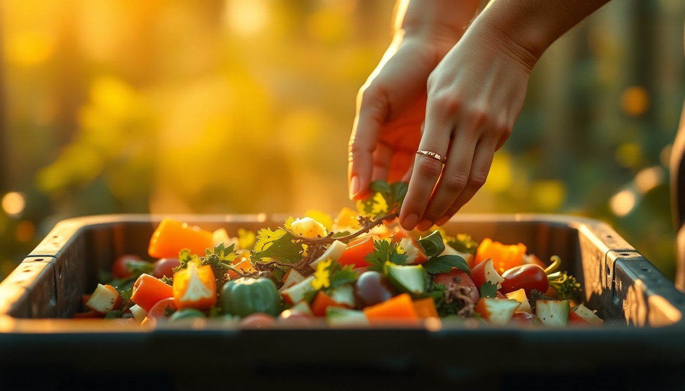 An extremely blurred, impressionistic photograph showing a person's hands gently placing vegetable scraps into a compost bin, with the scene surrounded by soft, warm washes of color and light.