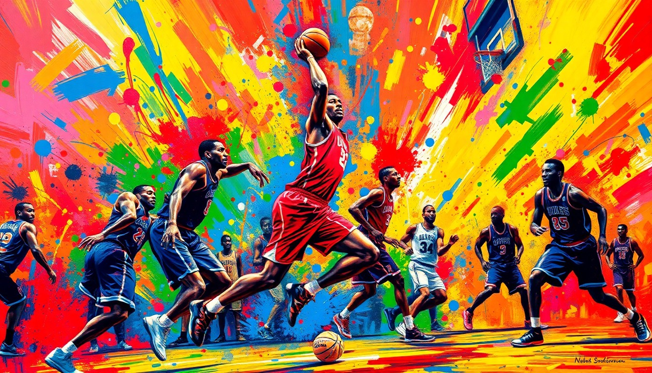 An abstract, expressionist painting featuring bold, neon-colored brushstrokes that capture the dynamic movement and energy of a basketball game, with players' forms dissolving into vibrant splatters of paint.
