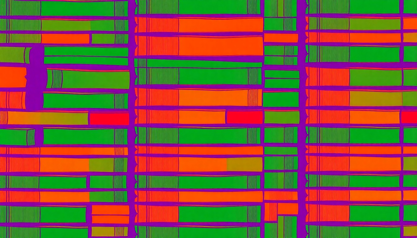 A brightly colored, abstract silkscreen print featuring a repeating pattern of stacked books in vibrant shades of green, orange, and purple, capturing the library's mission to spread awareness and knowledge through its growing collection.