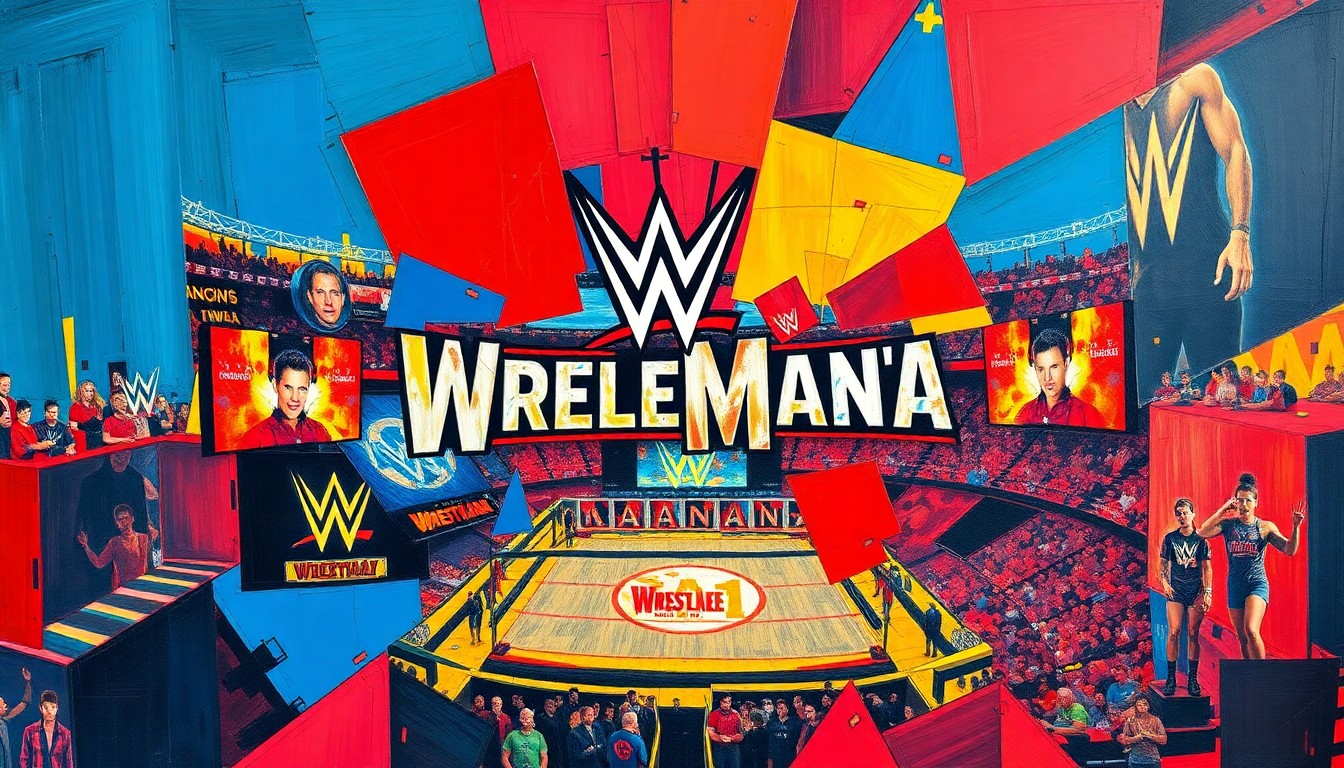 A fractured, multi-perspective painting with sharp, overlapping geometric planes in vibrant colors of red, blue, and yellow, conceptually representing the dynamic energy and intensity of a WWE WrestleMania event.