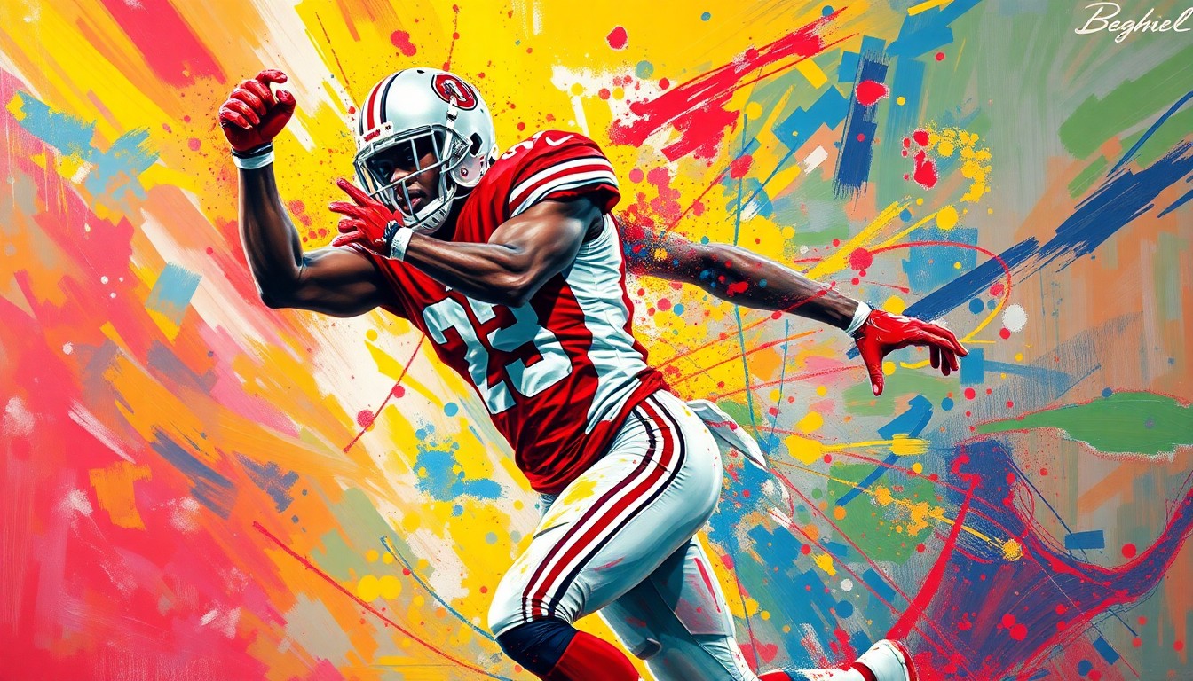 An extreme close-up of a football player in mid-celebration, with vibrant neon brushstrokes capturing the raw energy and emotion of the moment. The player's face and uniform details are dissolved into unrecognizable splatters of paint, focusing the viewer on the dynamic action.