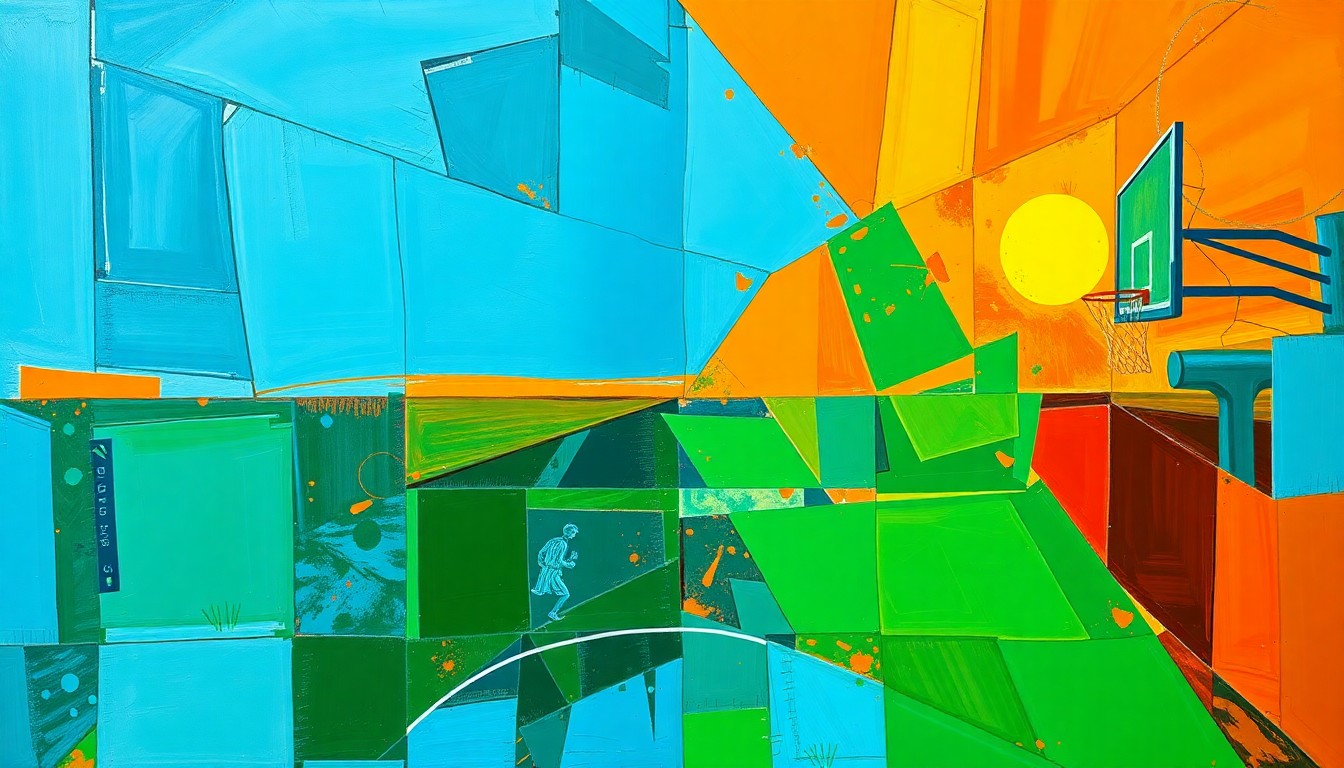 A cubist, geometric painting depicting a fragmented basketball game or match, with sharp planes of color and overlapping shapes conveying the intensity and dynamism of the sport.