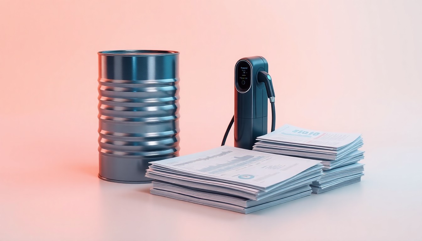 A photorealistic studio still life featuring a polished metal oil barrel, a sleek electric vehicle charging port, and a stack of financial reports, conceptually representing the energy and finance sectors.