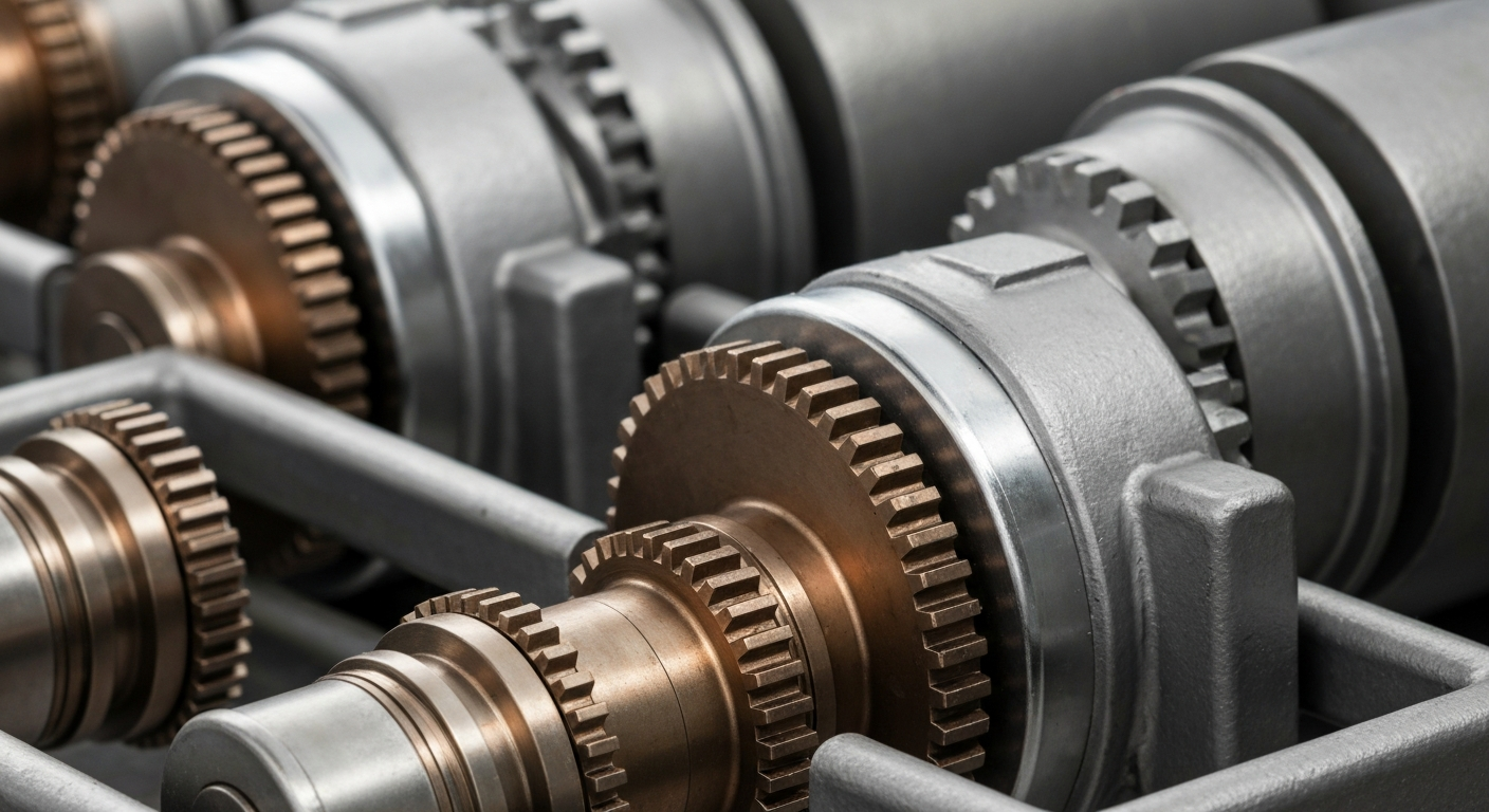 An extreme close-up photograph of intricately geared and polished water treatment machinery, conveying the complex industrial nature of the water technology sector.