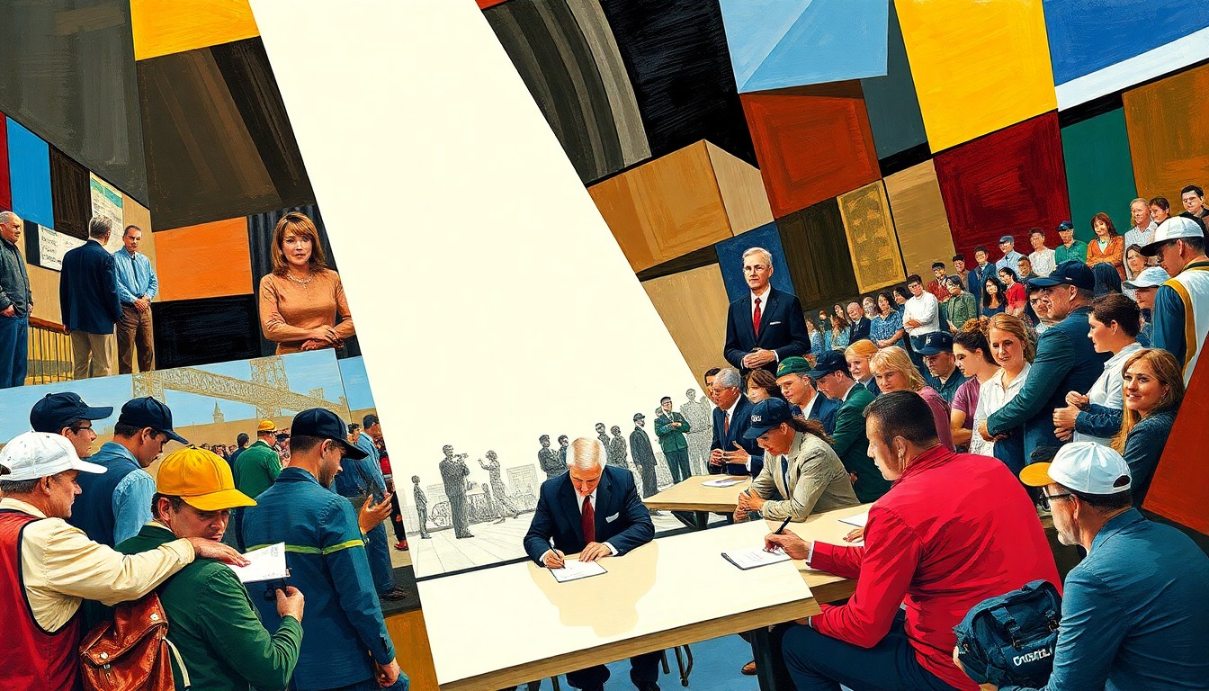 A fragmented, cubist-style painting depicting the dynamic scene of a high school signing day ceremony, with overlapping geometric shapes and planes representing the students, coaches, and spectators.
