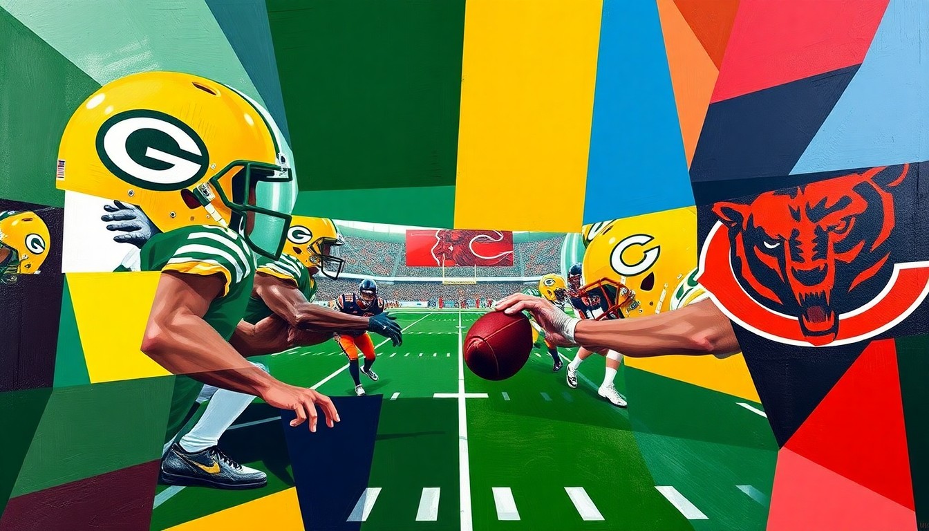 A fractured, geometric painting depicting a football game, with sharp planes of green, gold, navy, and orange overlapping to create a dynamic, multi-perspective scene without any recognizable players or logos.