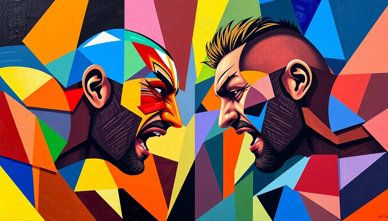 A fractured, geometric painting in the style of Pablo Picasso, featuring overlapping planes of color and shape representing a hypothetical fight between Rusev and Jake Paul, without any identifiable faces or figures.