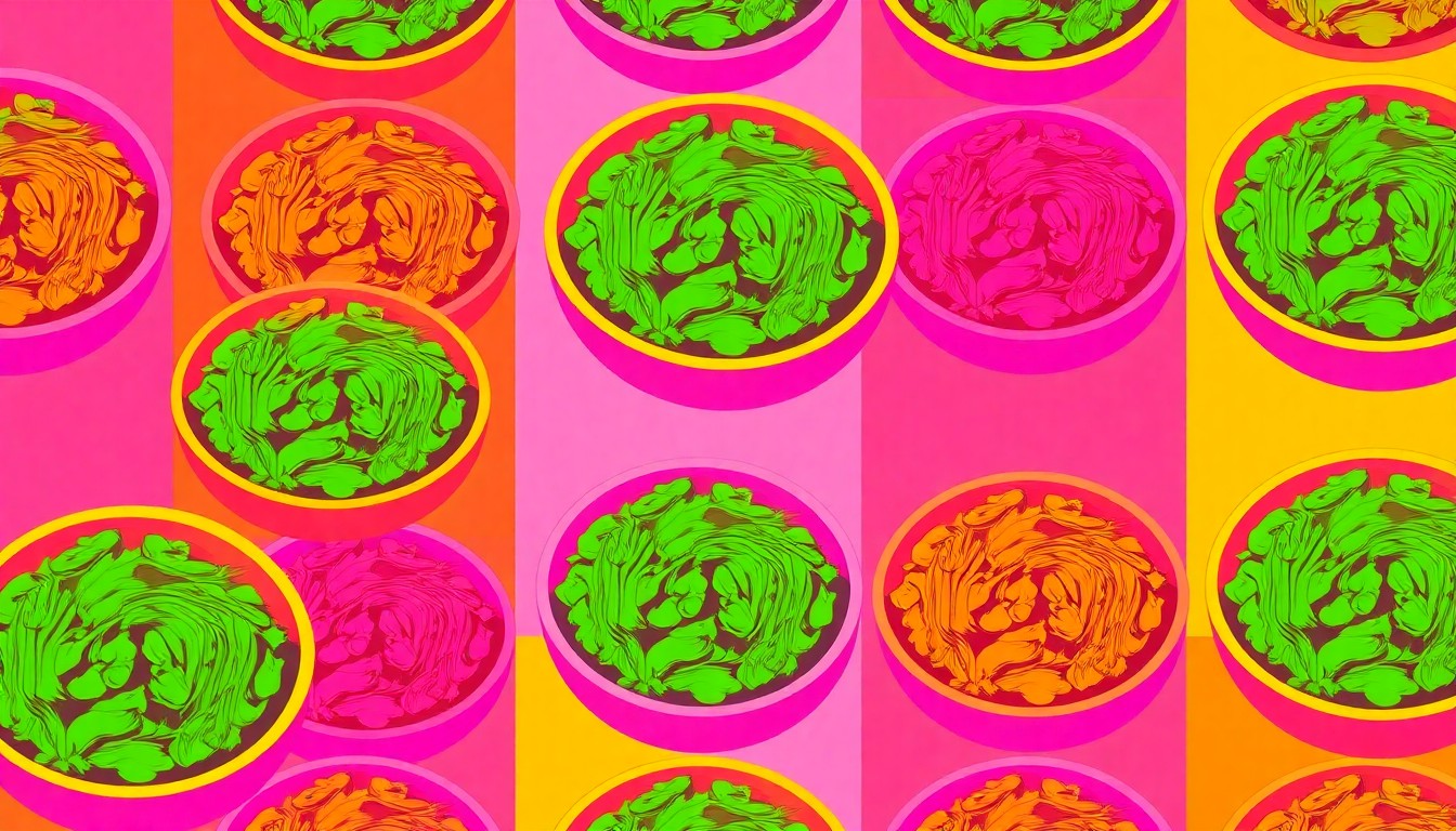 A brightly colored, high-contrast silkscreen print of a bowl of dark, leafy bitter greens and creamy white beans, repeated in a tight grid pattern with vibrant neon colors and heavy black outlines, conceptually representing the bold and dynamic flavors of this adult-oriented dish.