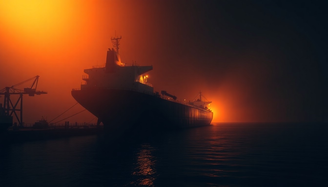 A cinematic painting of a solitary oil tanker ship docked at a dimly lit port, with warm, diagonal sunlight and deep shadows creating a sense of quiet tension and economic uncertainty.