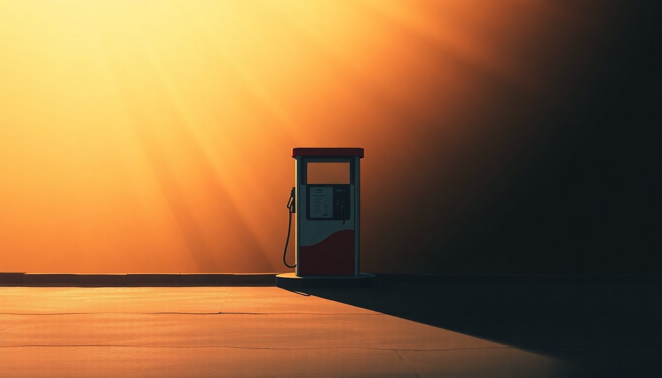 A photorealistic painting of a lone gas pump on a city street, with the pump's reflection visible on the pavement. The scene is bathed in warm, golden light and deep shadows, creating a sense of quiet contemplation about the challenges of balancing tax relief and infrastructure funding.