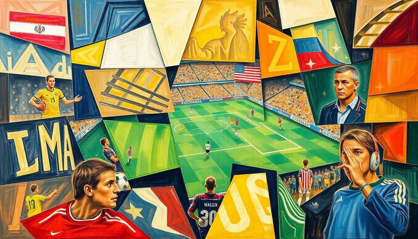 A cubist, geometric painting depicting a soccer match between Iran and the United States, with the players and field broken down into sharp, overlapping planes of color and shape.