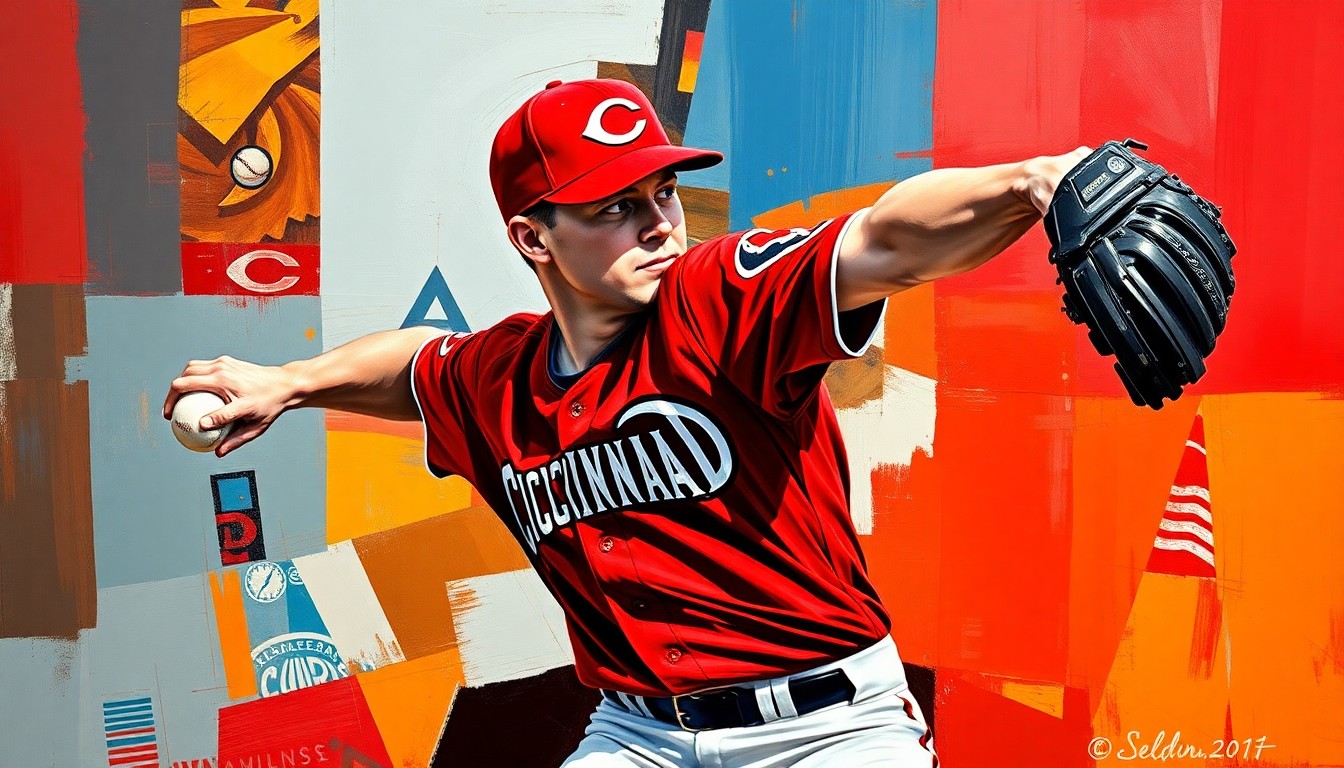 A fragmented, geometric painting depicting a baseball pitcher's throwing motion, with sharp planes of red, black, and white representing the Cincinnati Reds' uniform colors. The abstract, cubist style conveys the intensity and drama of a high-pressure save situation.