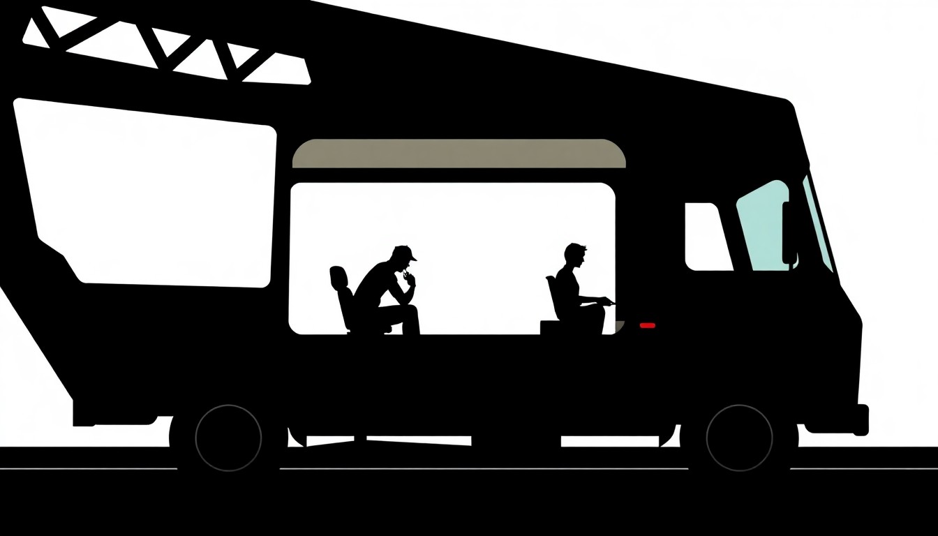 An abstract, minimalist illustration featuring jagged black silhouettes and geometric shapes in a high-contrast composition, conceptually representing a mobile art gallery van and the themes of transportation and infrastructure in Southern California.