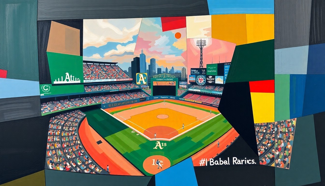 A cubist, geometric illustration depicting the baseball game between the Athletics and Rangers, with sharp, overlapping shapes and planes representing the action on the field.