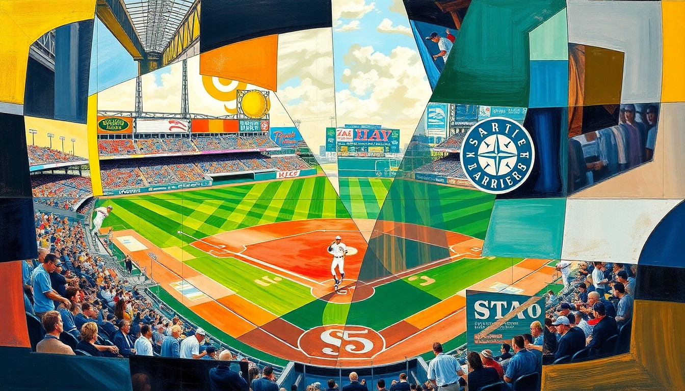 A fragmented, geometric painting depicting a baseball game or match between the San Diego Padres and Seattle Mariners, with sharp, overlapping planes of color and form representing the dynamic action on the field.