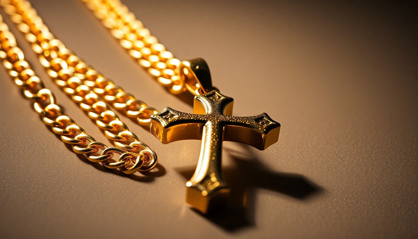 An extreme close-up photograph of a solid gold chain and cross pendant, the jewelry glittering under dramatic studio lighting to capture the luxurious, high-fashion aesthetic of celebrity accessories.
