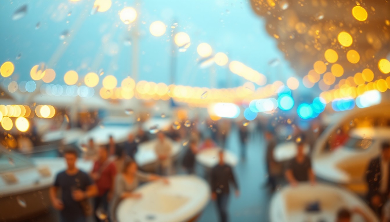 An abstract, impressionistic scene of blurred, overlapping shapes and colors in warm, golden hues, conveying the energy and atmosphere of a lively boat show event.