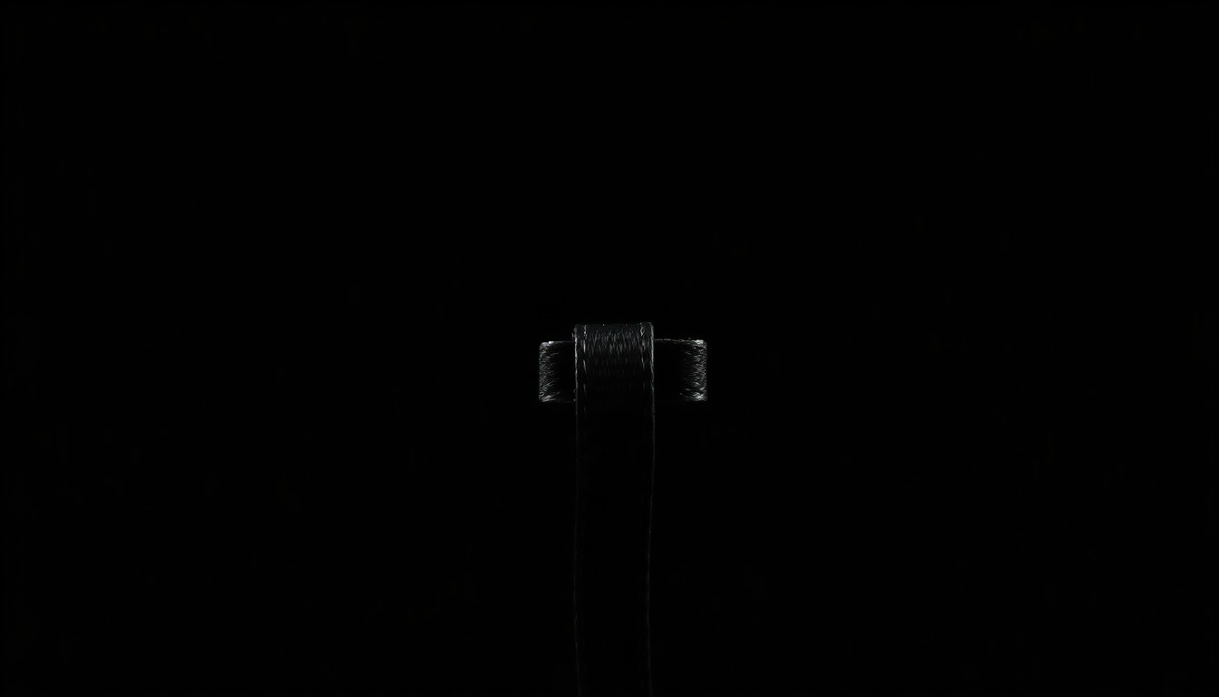 An extreme close-up photograph of a dog collar or leash against a stark black background, the harsh flash lighting creating a gritty, investigative mood around the tragic incident.