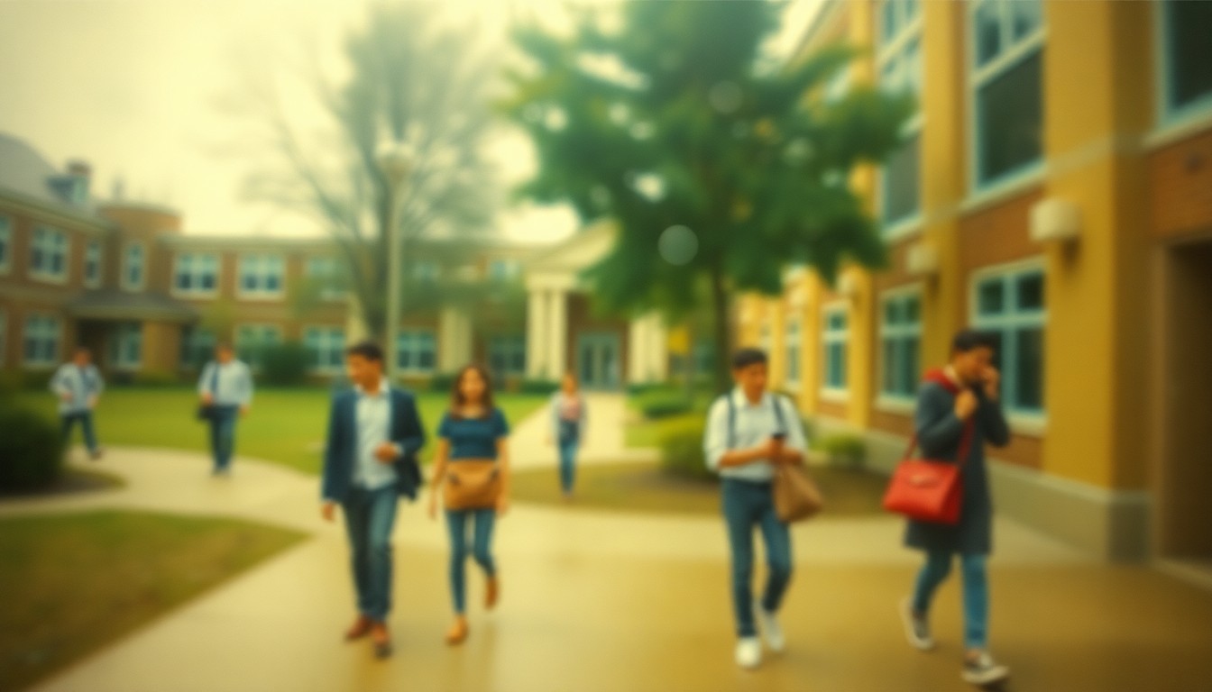 An impressionistic, out-of-focus photograph depicting the blurred silhouettes of students and faculty moving through the grounds of a Catholic school campus, rendered in a warm, soft color palette.