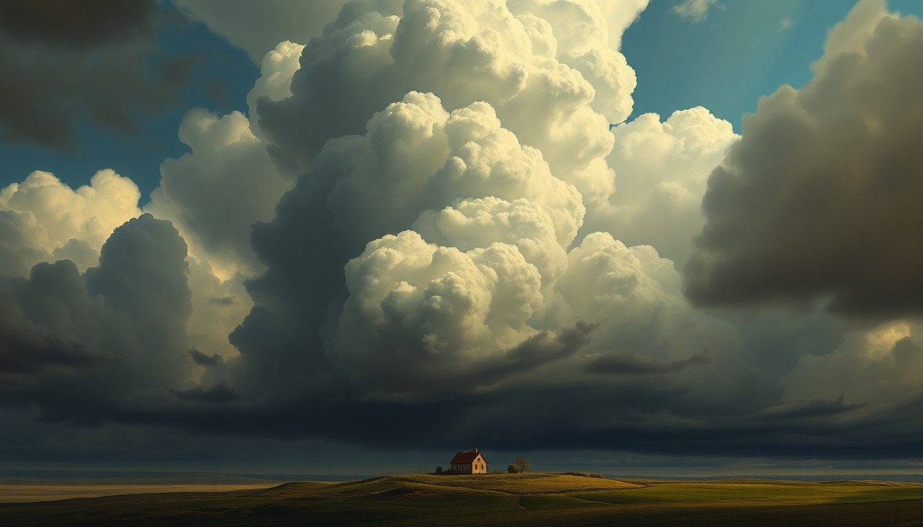 A sweeping, atmospheric landscape painting in muted tones, with a massive, ominous cloud formation dominating the sky and casting a dramatic shadow over a small, isolated house in the distance, conceptually representing the overwhelming power of nature and the fragility of human structures in the face of unpredictable weather events.
