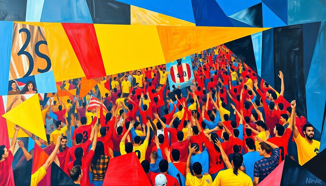 A fragmented, abstract painting in Picasso's cubist style, featuring overlapping geometric shapes and planes in bright, energetic colors that capture the excitement and anticipation surrounding the upcoming 2026 FIFA World Cup.