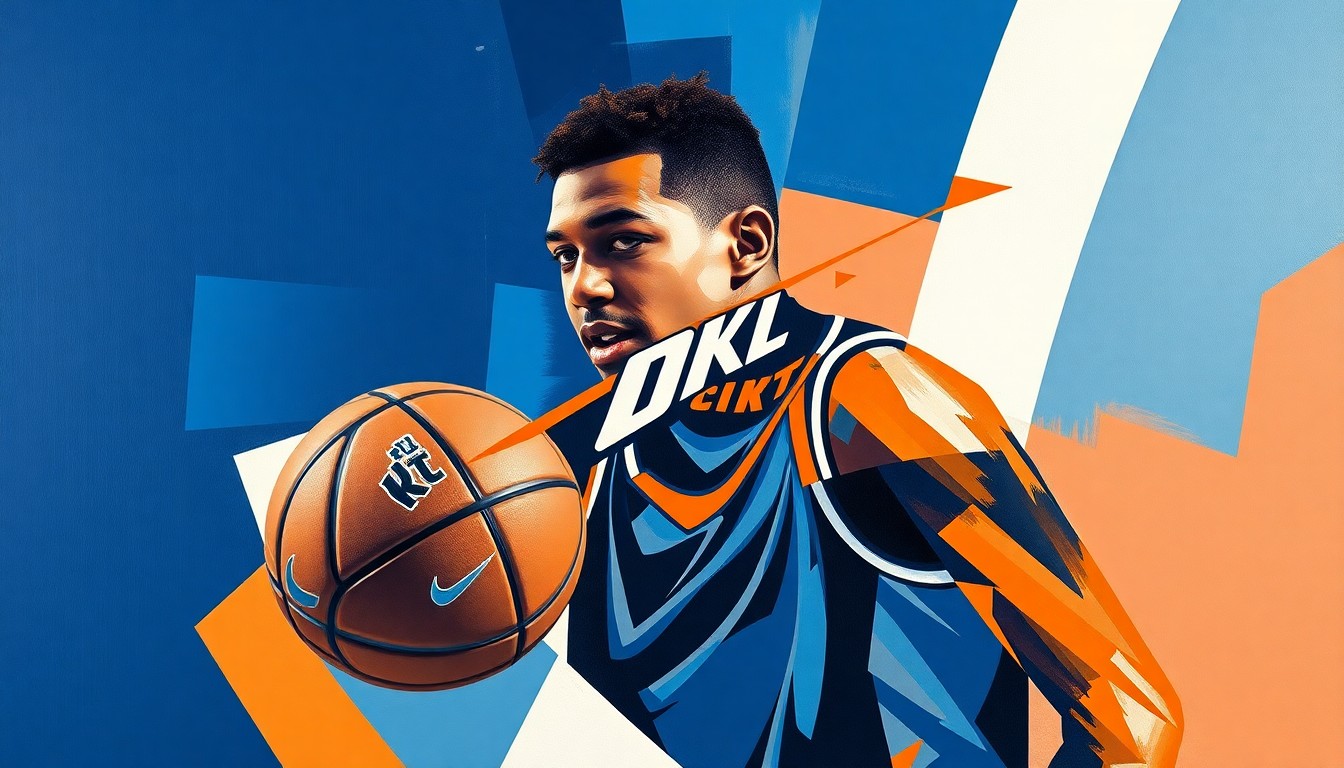 A cubist, geometric painting depicting the dynamic movements and skills of a basketball player, with overlapping planes of navy blue, orange, and white representing the Oklahoma City Thunder's team colors and success.