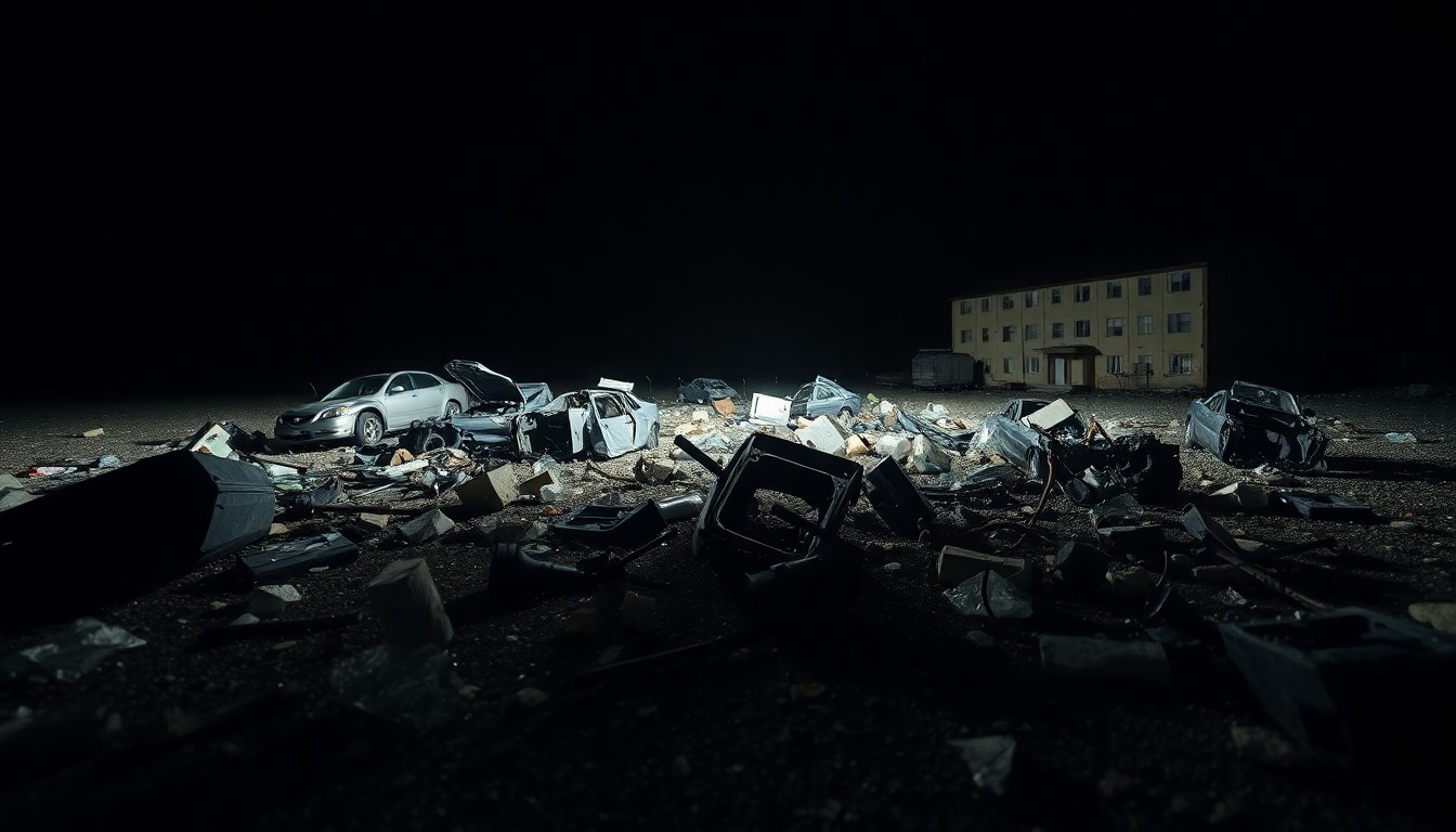 An extreme close-up photograph of discarded car parts, broken glass, and other debris littering a vacant lot, creating a stark, gritty, investigative aesthetic.