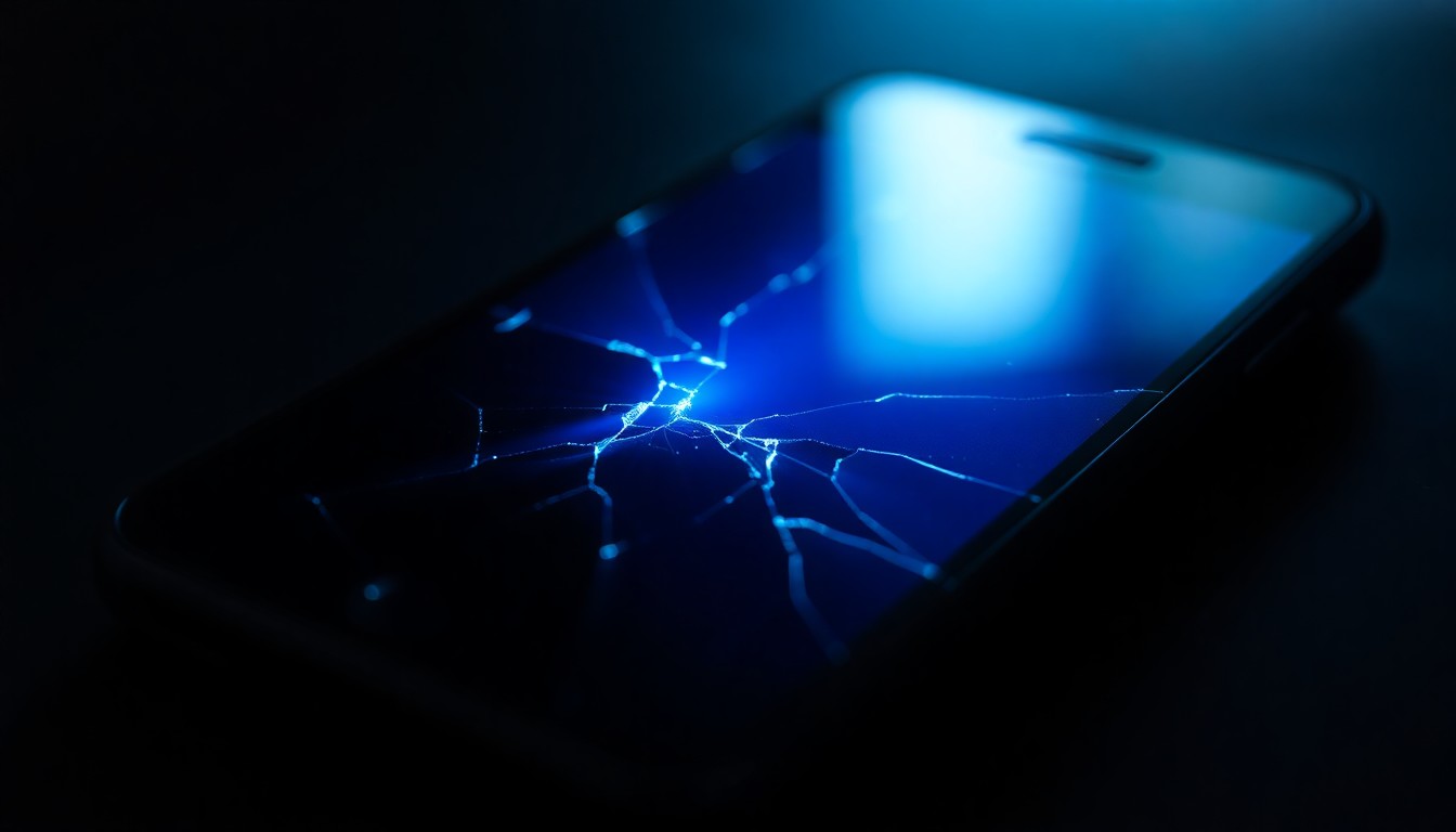 An extreme close-up of a cracked smartphone screen reflecting a faint blue light, conceptually representing the digital evidence of a crime against minors.