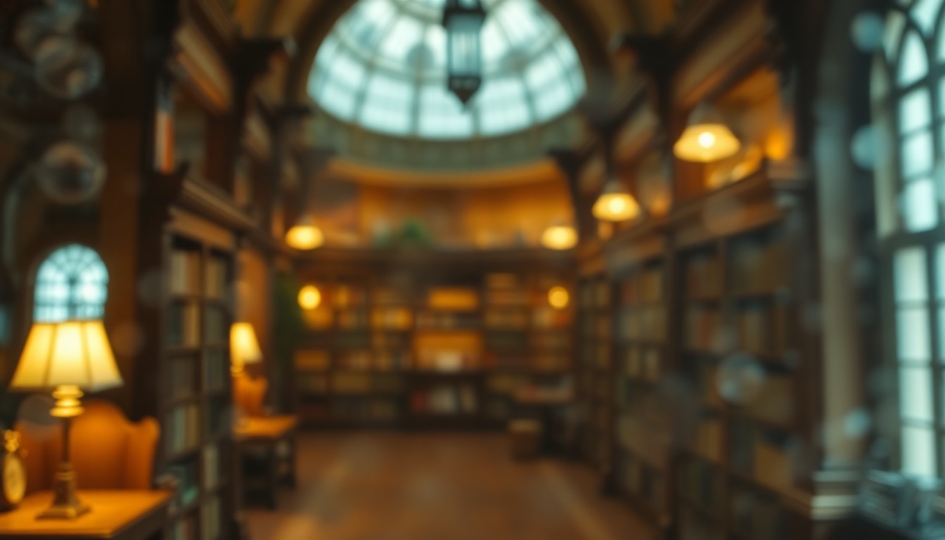 An abstract, out-of-focus scene of warm, hazy light filtering through a historic library interior, creating a dreamlike, nostalgic atmosphere that evokes the presentation's focus on celebrating the community's cultural heritage.
