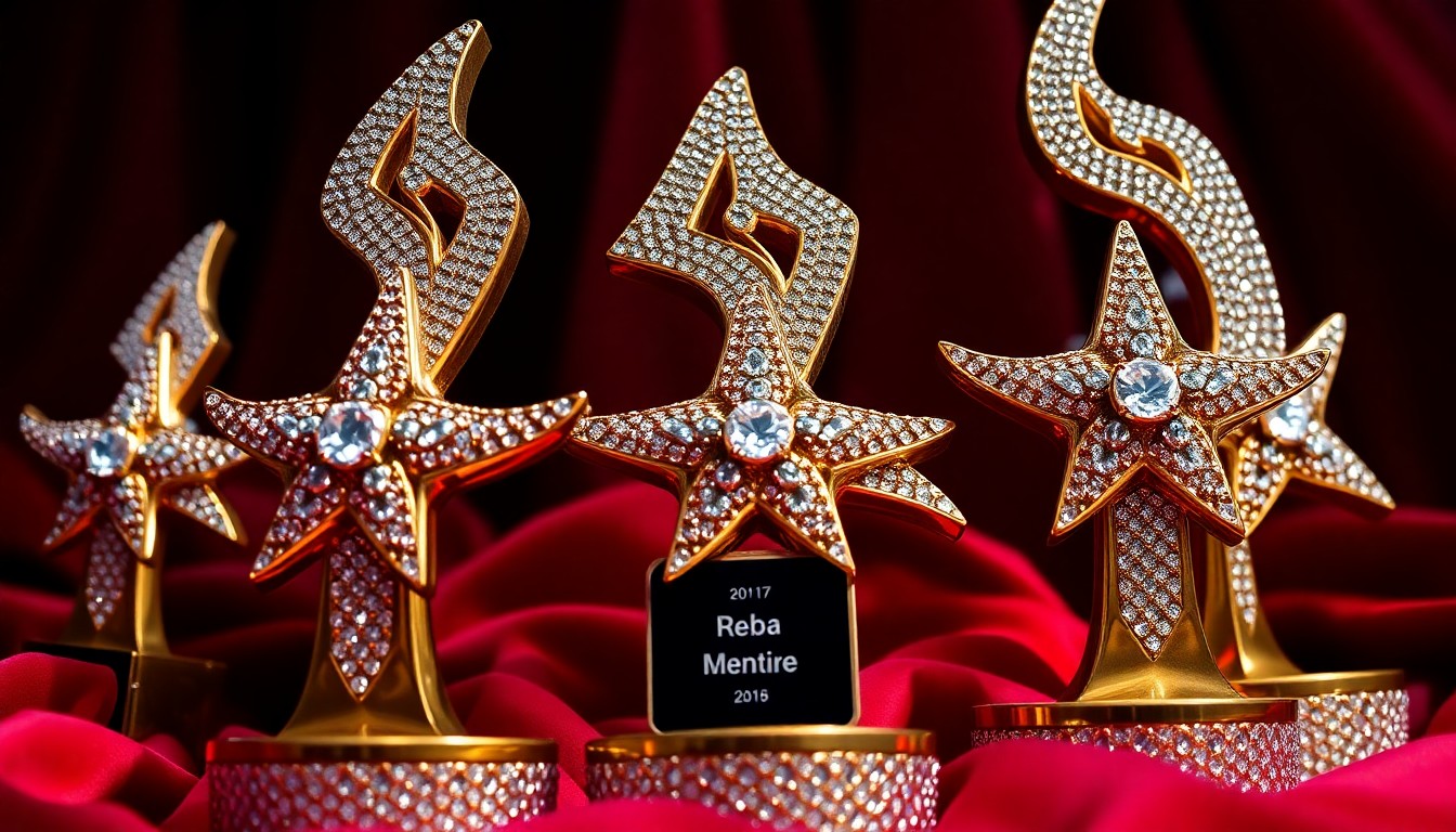 An extreme close-up photograph showcasing the luxurious textures of country music awards, sparkling rhinestones, and rich velvet fabrics, conceptually representing the glamour and prestige of Reba McEntire's legendary 50-year career.