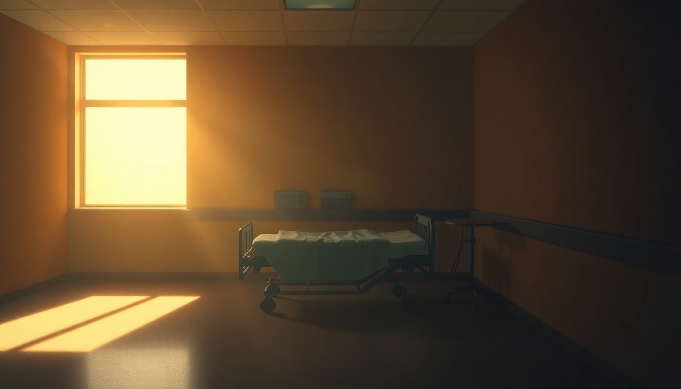 A moody, cinematic painting of a lone hospital bed in a dimly lit room, with warm sunlight streaming in through a window and casting deep shadows, conceptually representing the challenges facing the state's powerful hospital industry.