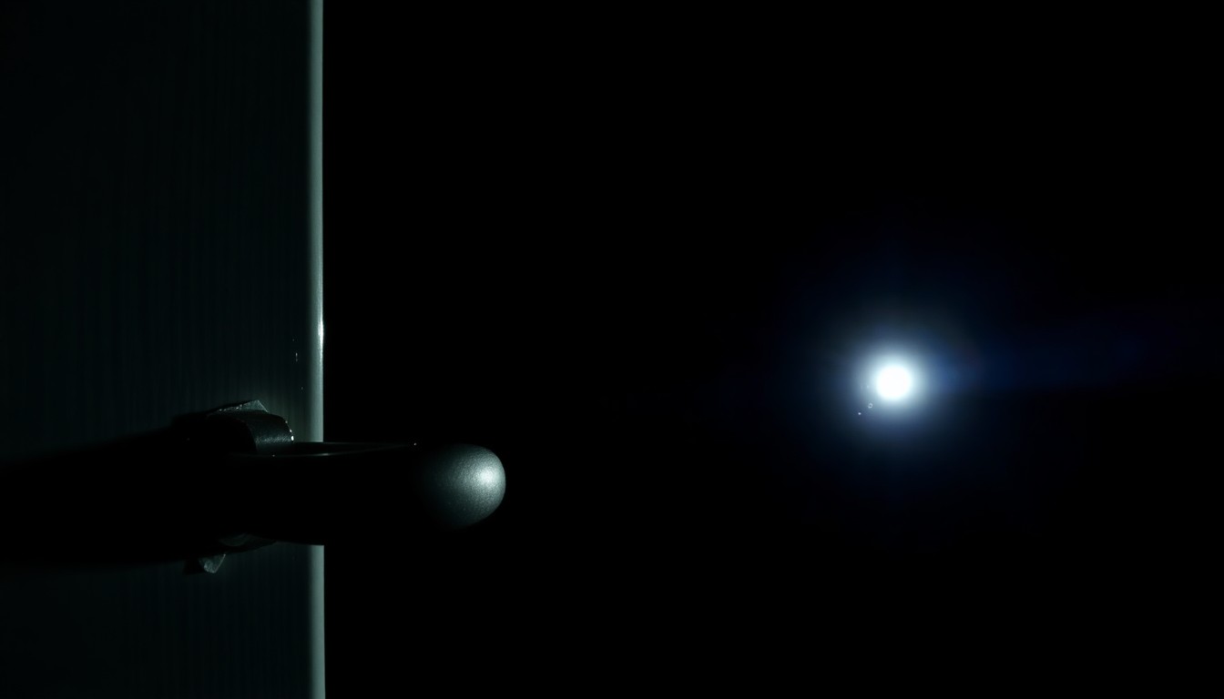 An extreme close-up photograph of a piece of physical evidence related to the suspicious death investigation, such as a door handle or broken window, lit by a harsh, direct camera flash against a pitch-black background, conveying a stark, gritty, and investigative aesthetic.