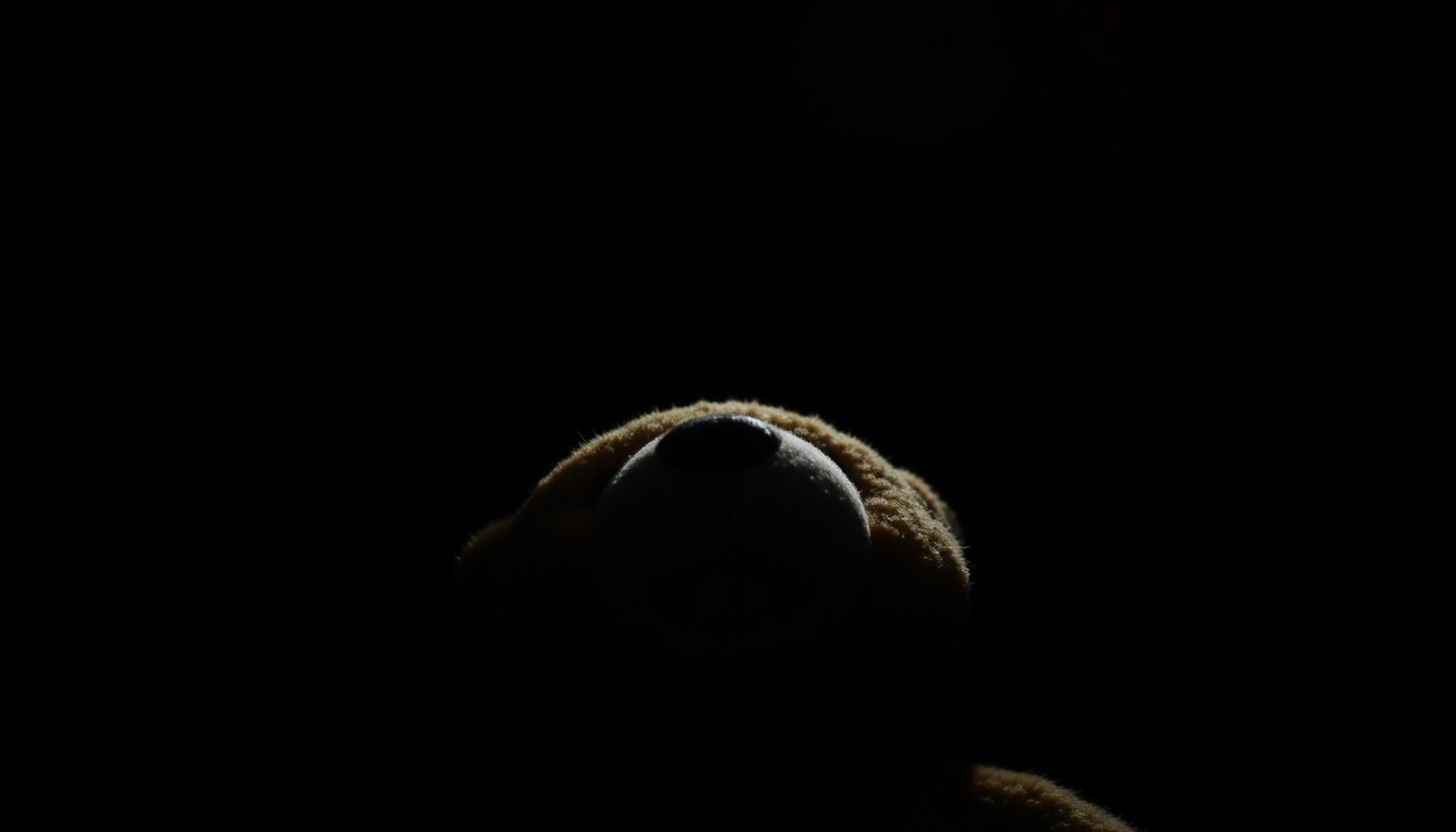 An extreme close-up photograph of a worn, tattered stuffed animal against a pitch-black background, conceptually representing the innocence and vulnerability of a child victim of abuse.