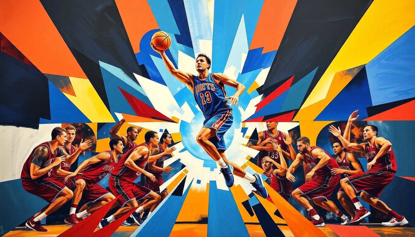 A fragmented, geometric painting depicting a basketball player's movements, with sharp planes of color representing the player's energy and athleticism.