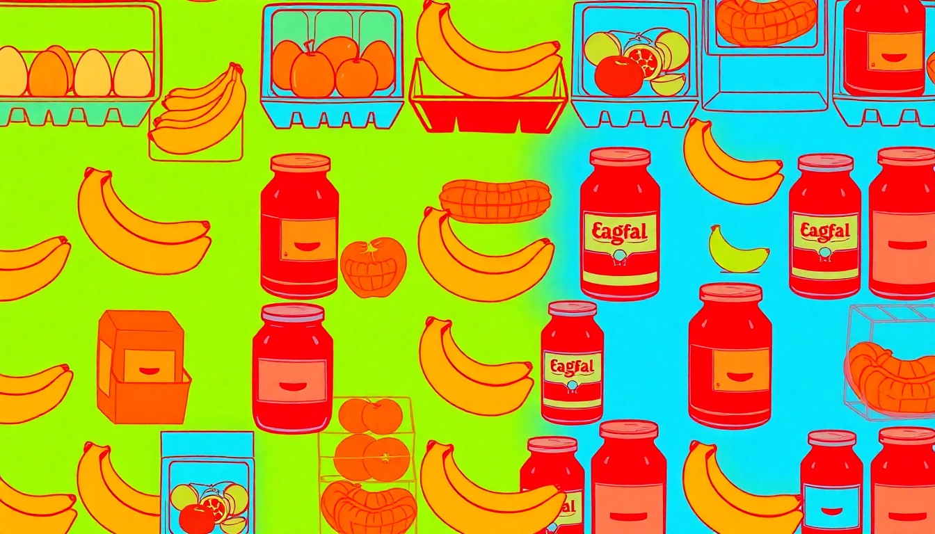 A vibrant, high-contrast silkscreen print of a single, iconic grocery item repeated in a tight grid pattern, capturing the energy and value of this week's top supermarket savings.