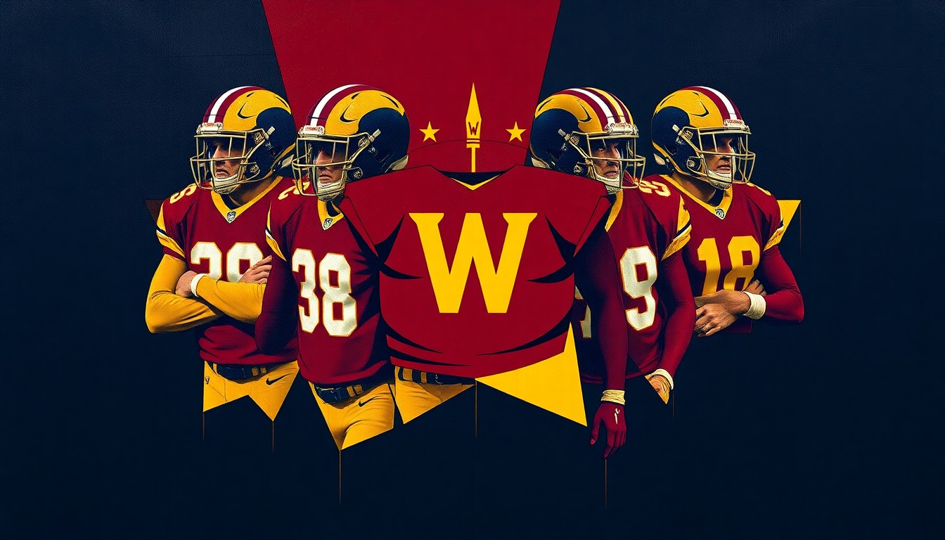 A cubist, geometric painting depicting the Washington Commanders' new uniforms and logo, with sharp, overlapping planes of burgundy, gold, and navy blue colors representing the team's official palette. The fragmented, deconstructed visual style conceptually illustrates the team's half-measure approach to embracing their past.