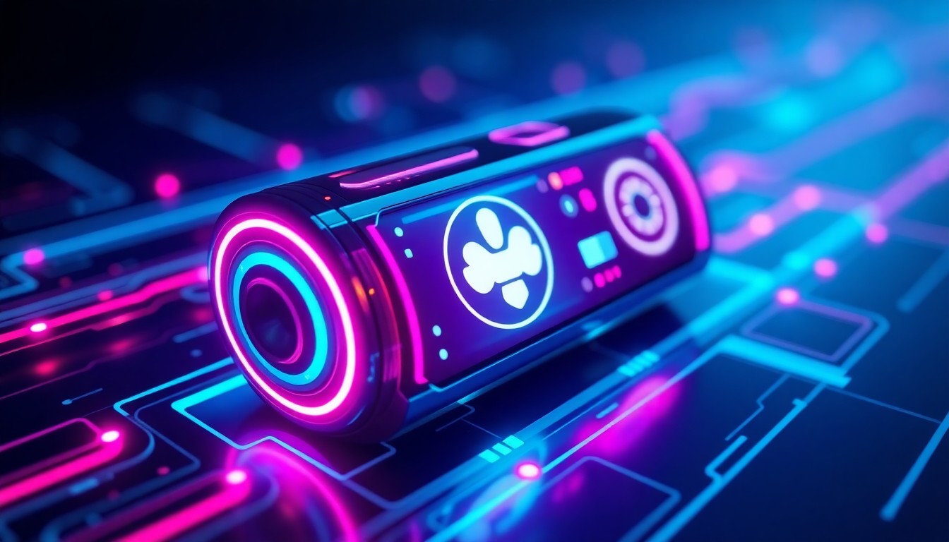 A highly detailed, glowing 3D macro illustration of a futuristic medical monitoring device with pulsing neon cyan and magenta lights, conceptually representing the advanced technology powering modern healthcare apps.
