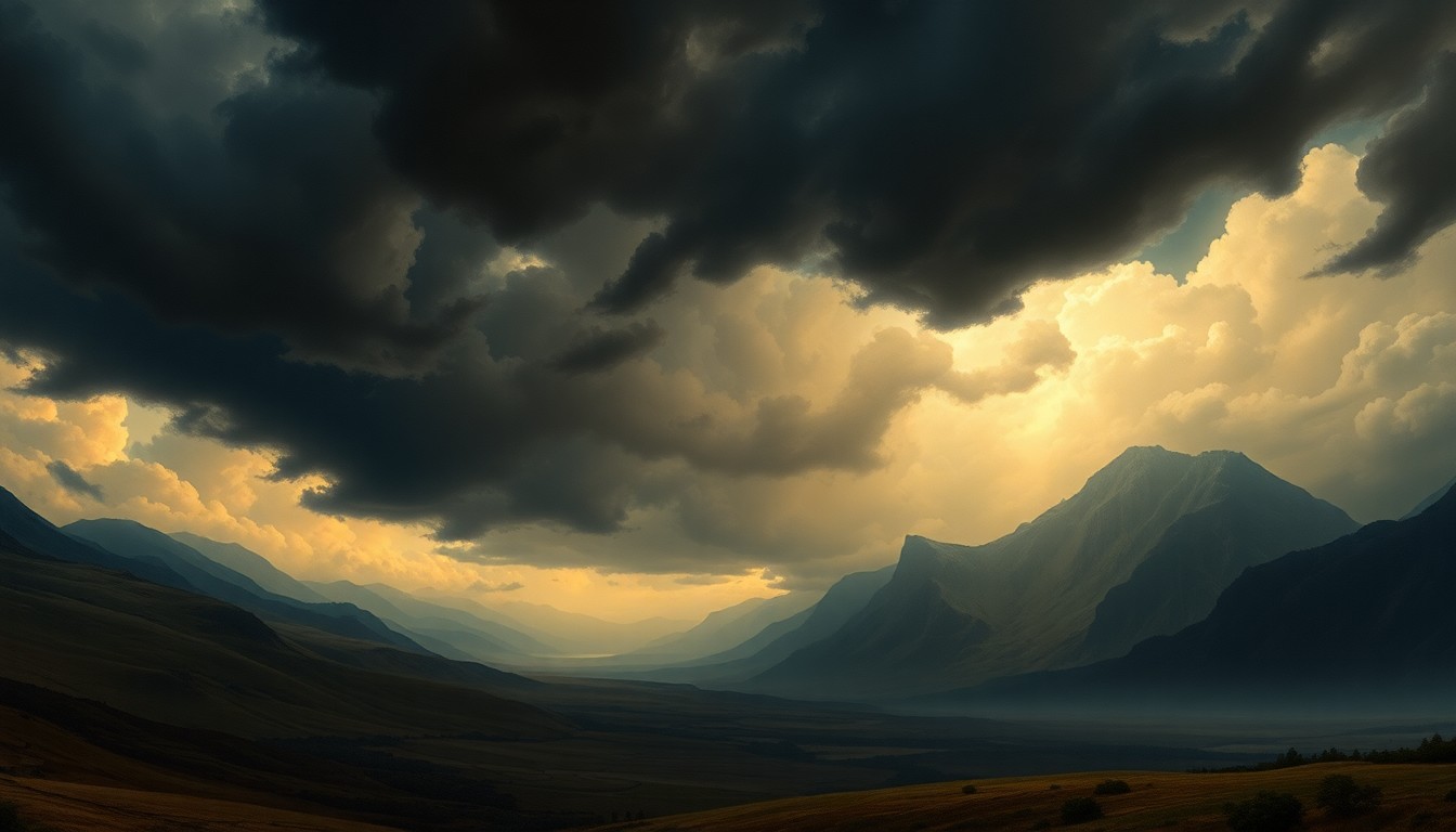 A dramatic, atmospheric landscape painting in the style of Caspar David Friedrich, depicting an approaching severe thunderstorm with dark, swirling clouds and dramatic lighting that dwarfs any physical structures or objects in the foreground, conveying the overwhelming scale and power of the natural world.