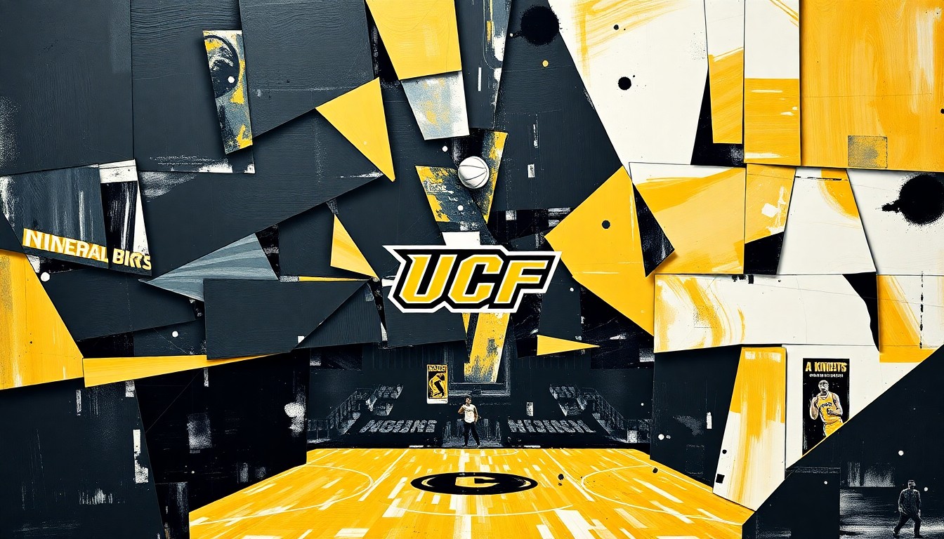 A cubist, geometric painting depicting the action of a college basketball game, with sharp, overlapping shapes in the official colors of the UCF Knights - black, gold, and white.