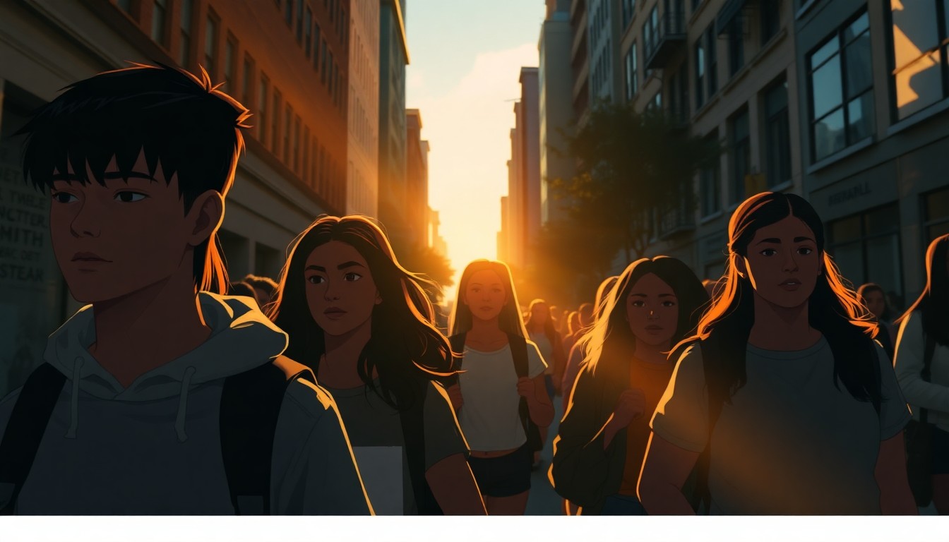 A cinematic painting of a group of high school students marching down a city street, their faces partially obscured by shadows and warm, diagonal sunlight, capturing the pensive mood of their protest against immigration enforcement.